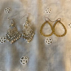 Set of 2, One Silver tone dangling earrings and One gold tone earrings
